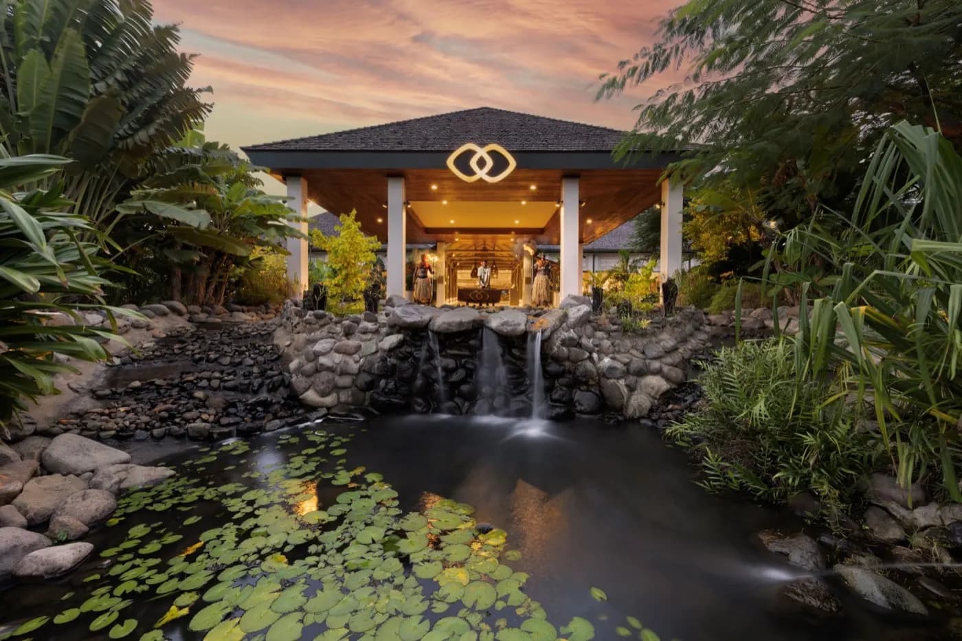 Lobby entrance at dusk