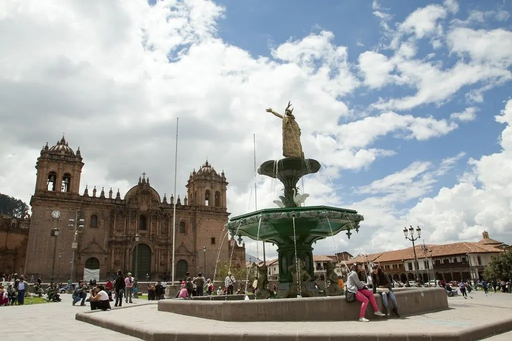Cusco Cathedral and the fountain on the Plaza de Armas