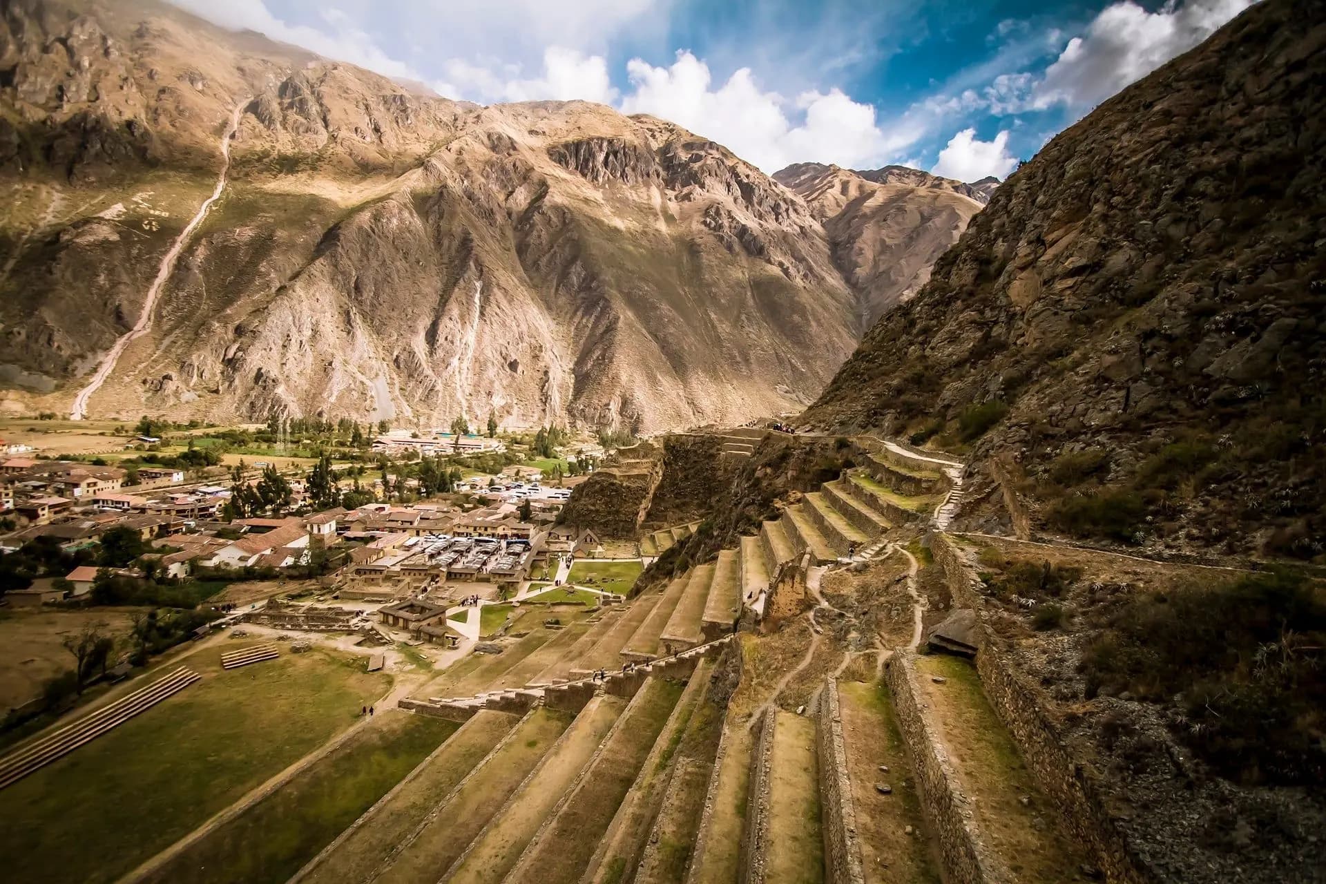 Inca terraces climbing above the town of Ollantaytambo