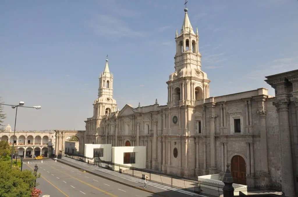 The white stone cathedral on the Plaza de Armas in Arequipa
