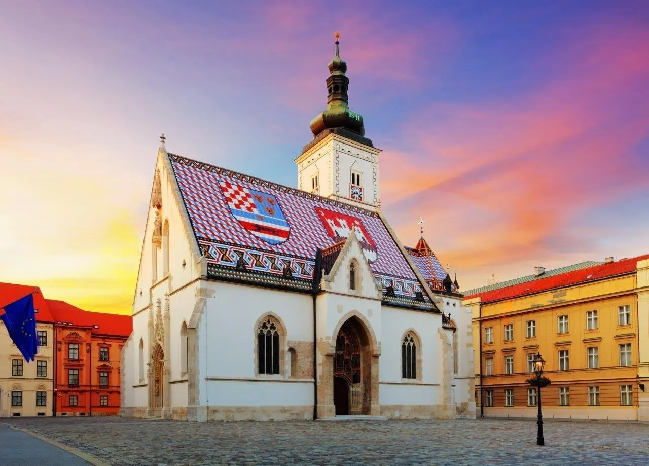 St Mark's Church in Zagreb with its tiled coat-of-arms roof at sunset