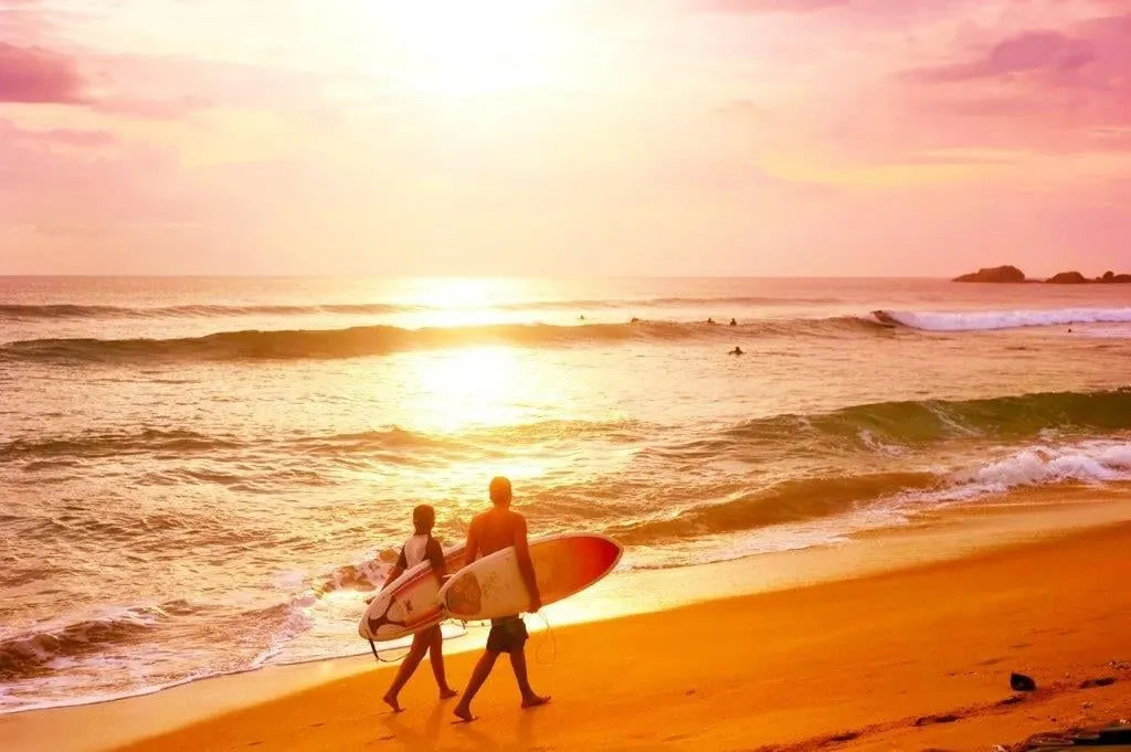 Two surfers walking along a golden beach at sunset