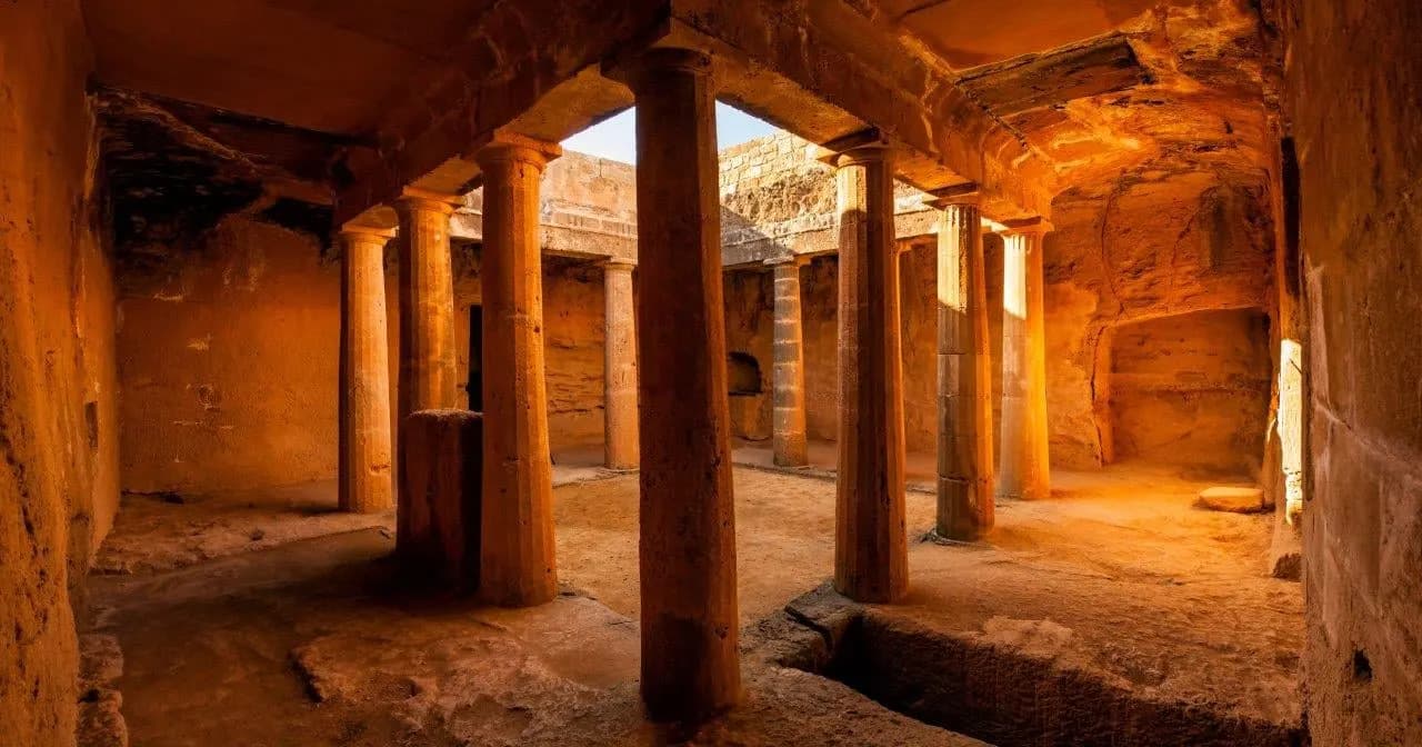 Columns around a courtyard cut into golden rock in an ancient tomb