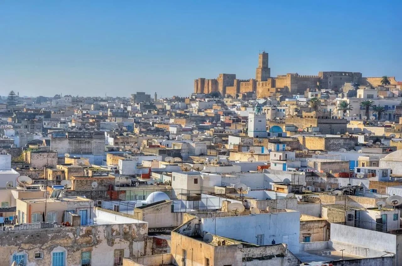 Rooftops of an old Tunisian town rising to a hilltop fortress