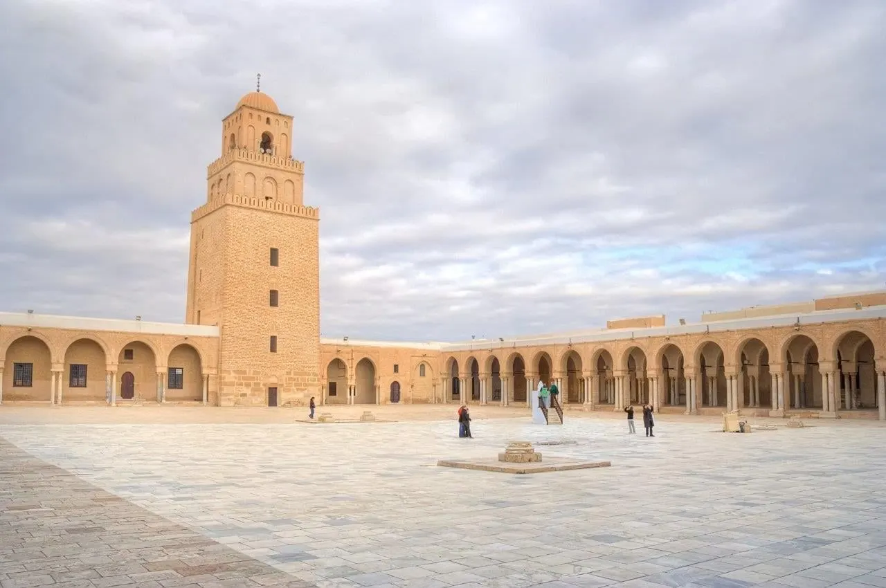 The minaret and arcaded courtyard of the Great Mosque of Kairouan