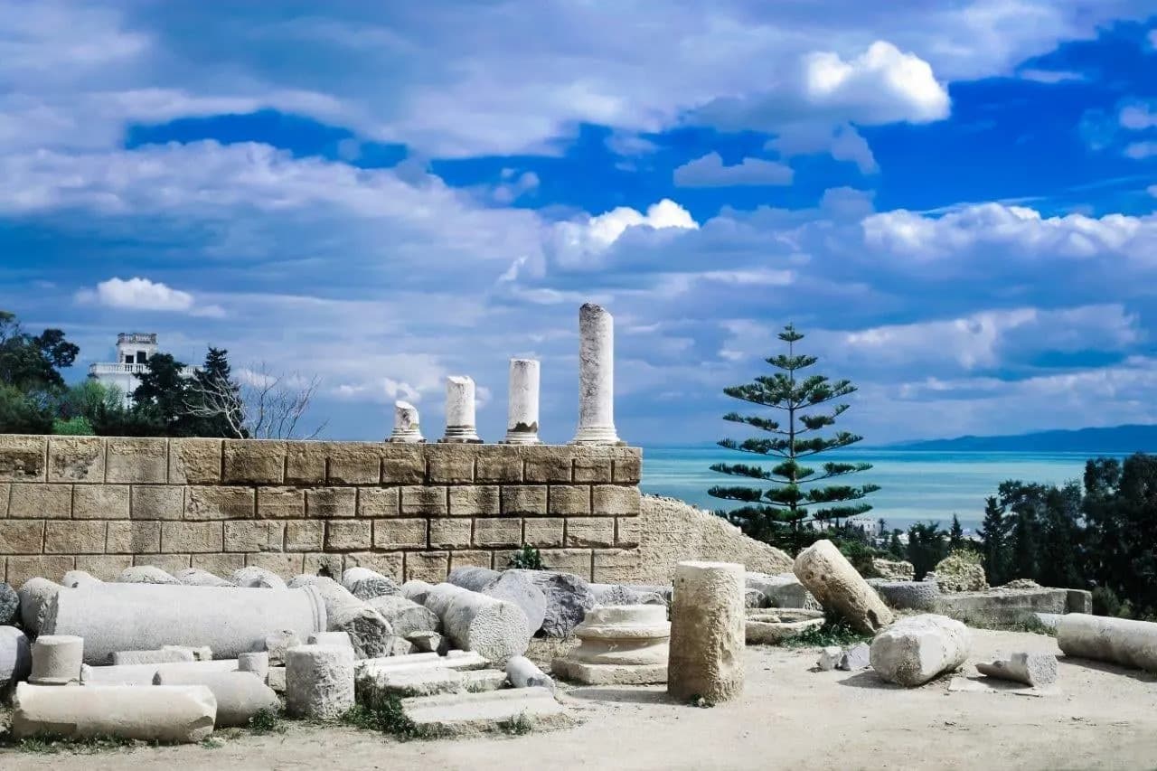 Fallen and standing Roman columns above the sea at Carthage