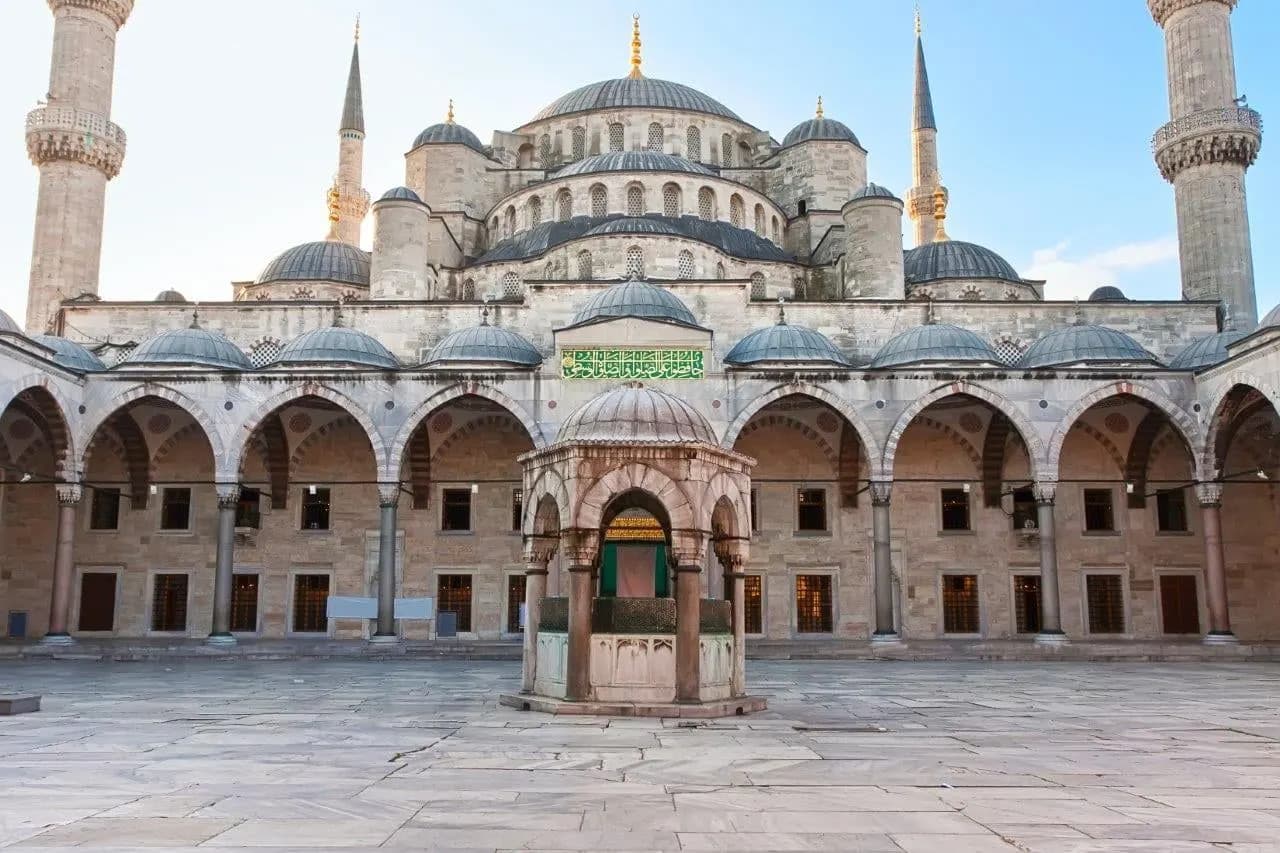 The courtyard and domes of the Blue Mosque in Istanbul