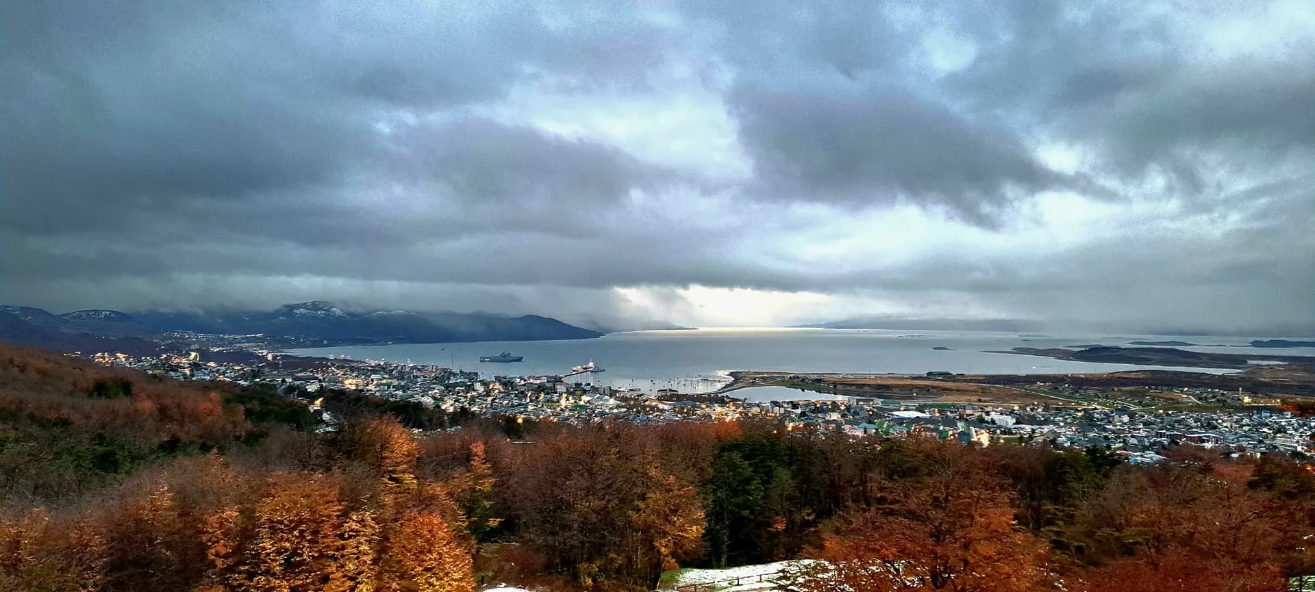 Ushuaia spread along the Beagle Channel under cloud, with autumn trees in front