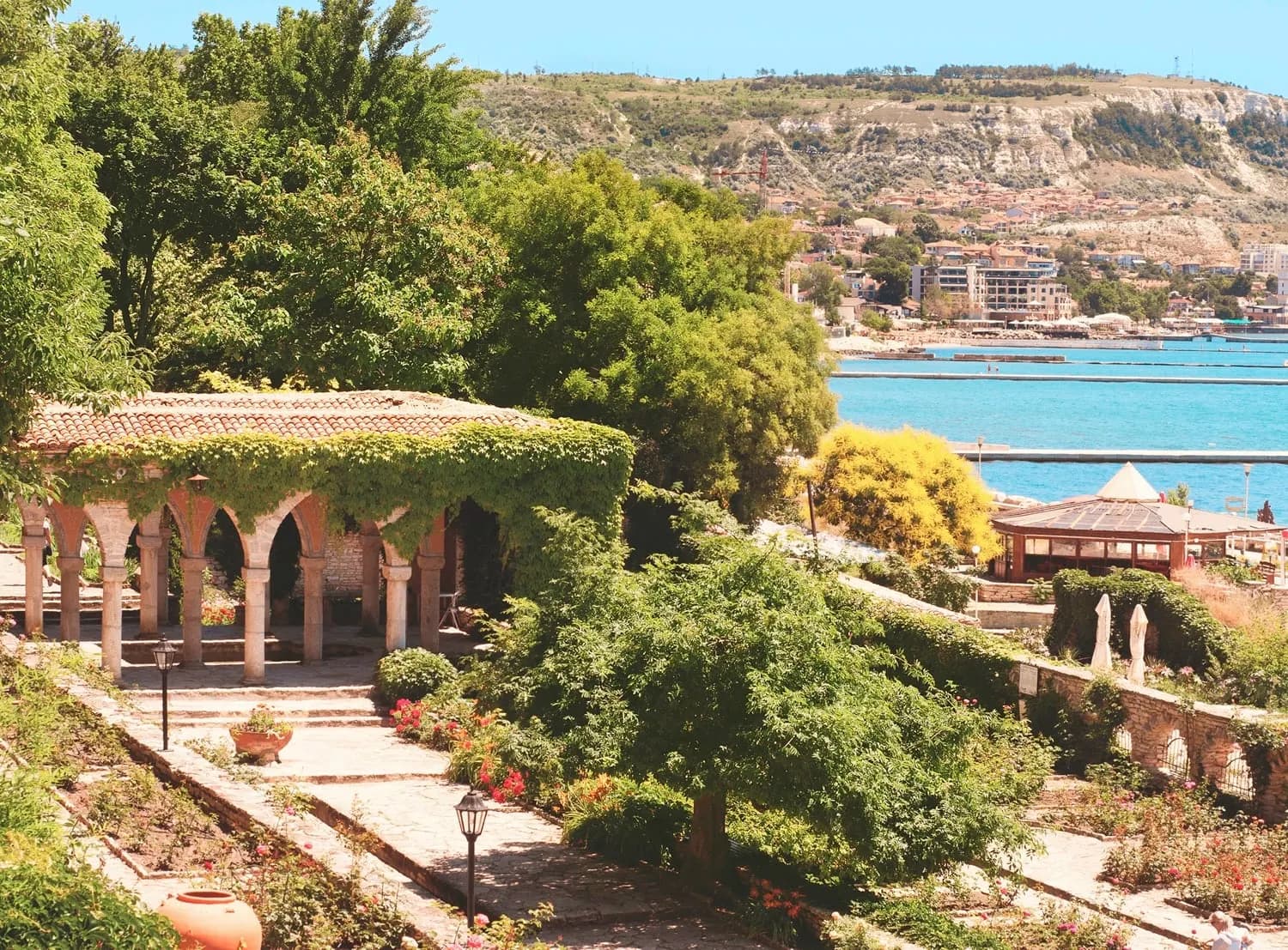 Terraced gardens and a colonnaded pavilion above the sea at Balchik