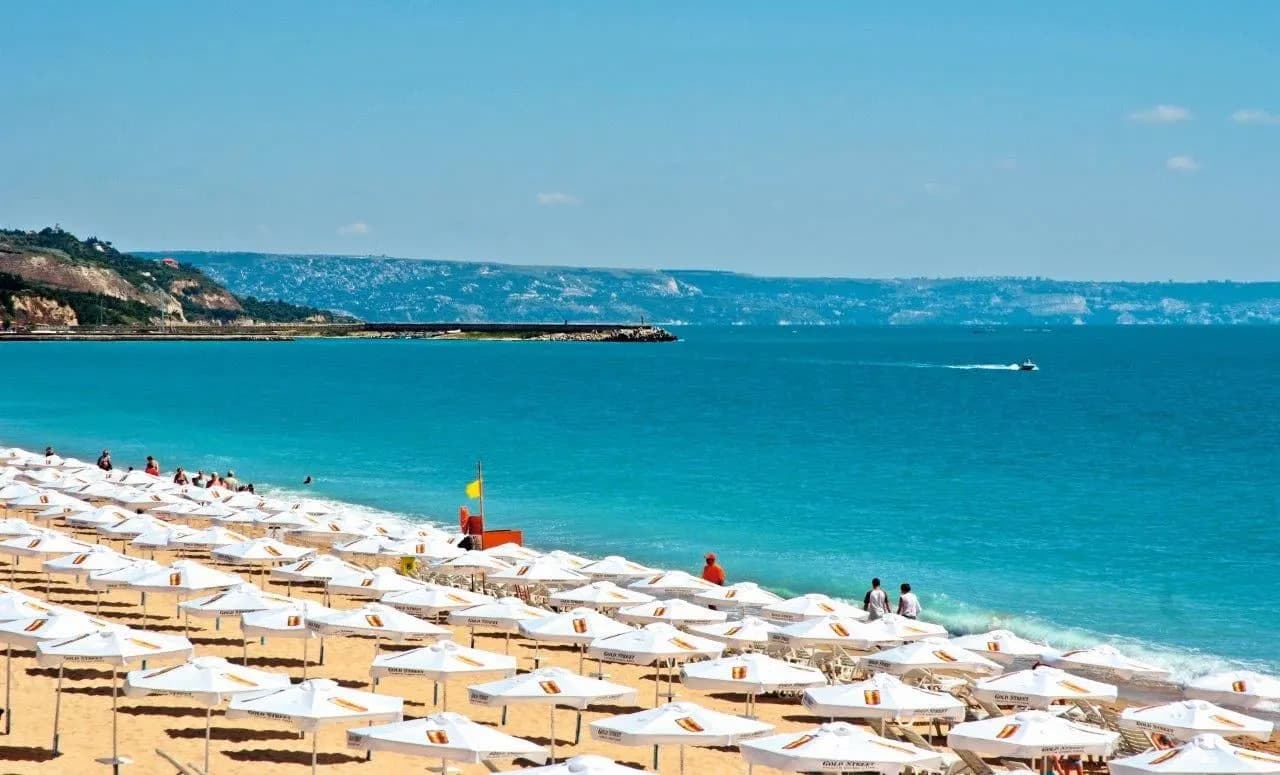 Rows of white umbrellas on a sandy Black Sea beach under a clear sky