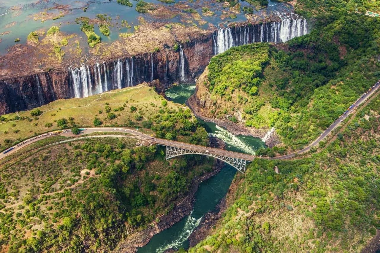 Victoria Falls and the bridge across the gorge, seen from the air
