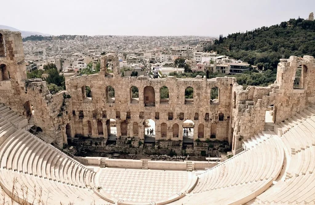 The stone seats and arches of the Odeon of Herodes Atticus