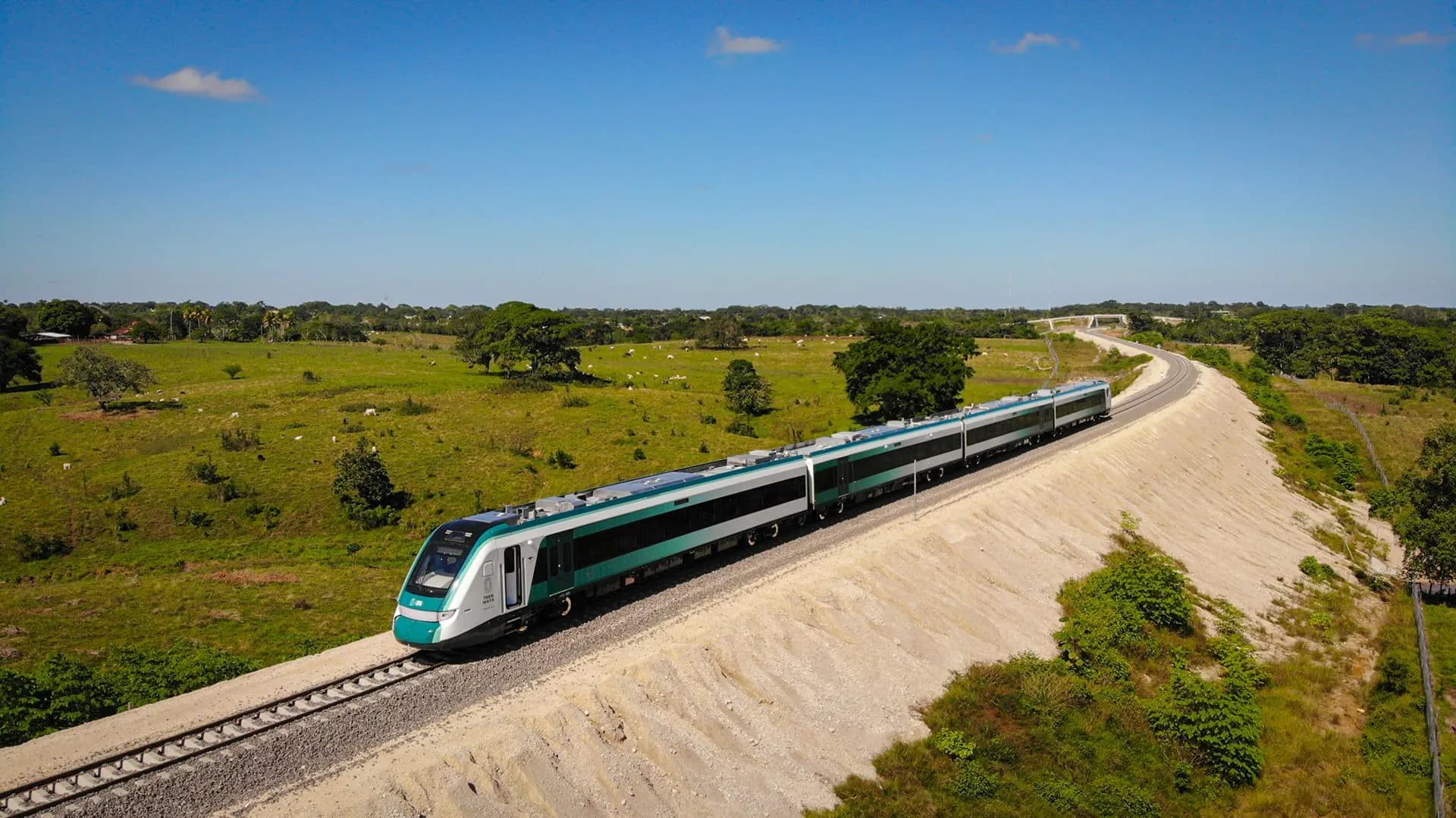 A Maya Train crossing flat green countryside in the Yucatan