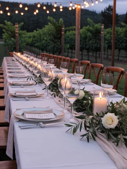 A candlelit reception table in a vineyard at dusk