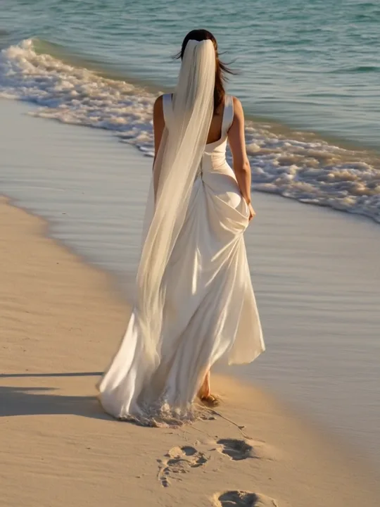 A bride walking along a tropical shoreline at sunset