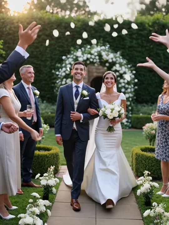 Guests showering a newlywed couple with petals