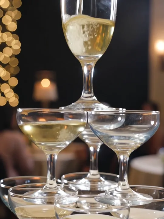 Champagne poured over a tower of coupe glasses