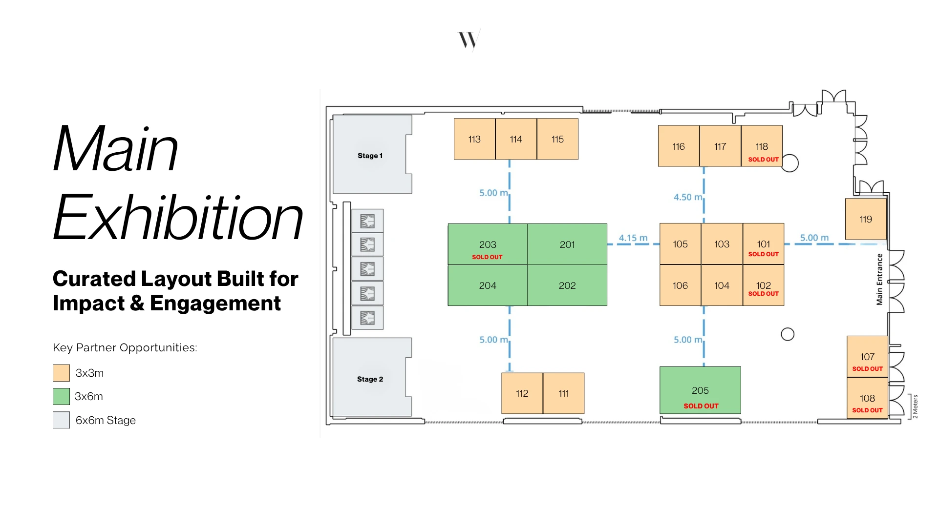 Main Exhibition floorplan: numbered 3x3m and 3x6m activation spaces arranged around two 6x6m stages, with aisle dimensions and the main entrance marked.