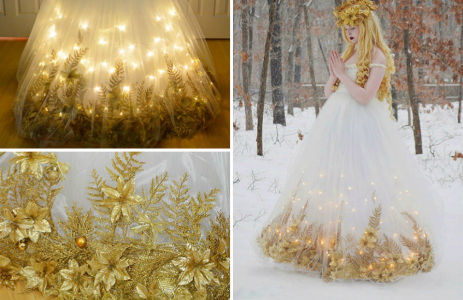 angela clayton, angela clayton costume, angela clayton wedding, led light wedding gown, light-up wedding gown, costume designer new york, gold and white wedding gown lights