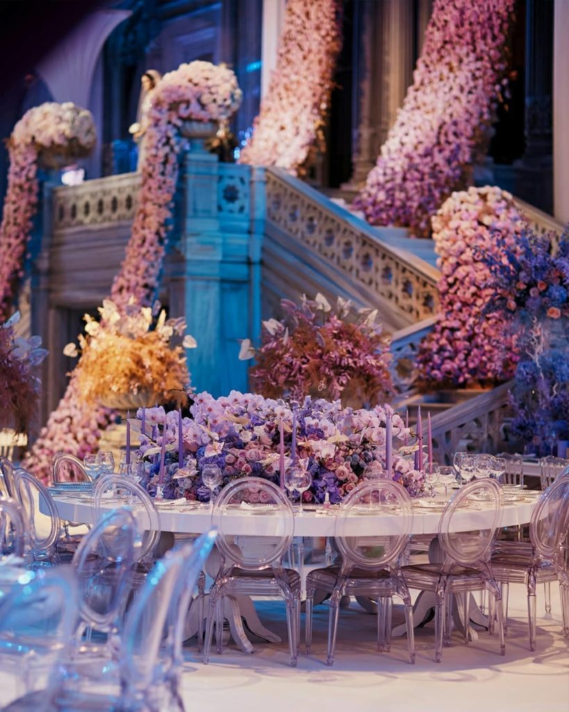 Floral arrangements filled the wedding reception