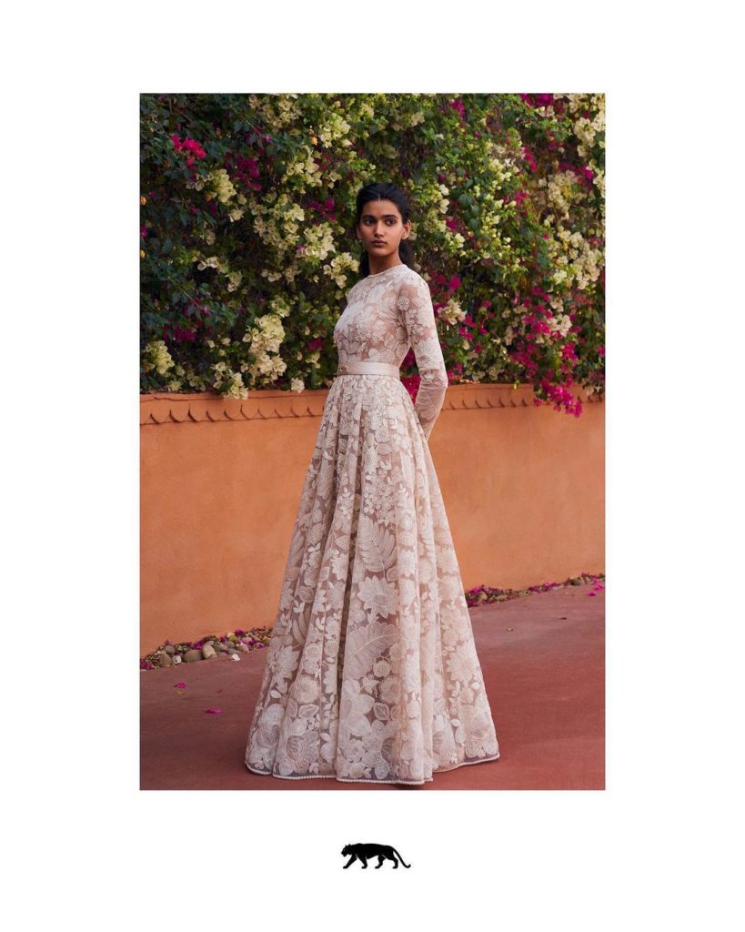 Non-traditional Indian wedding gown with tea-dyed Bengal muslin and hand dyed tulle portrait gown with gorgeous thread work
