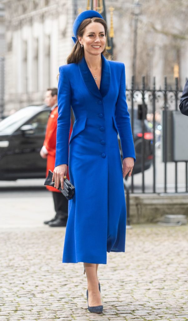 Royal blue monochromatic outfit with signature head accessory as part of Kate Middleton classic looks