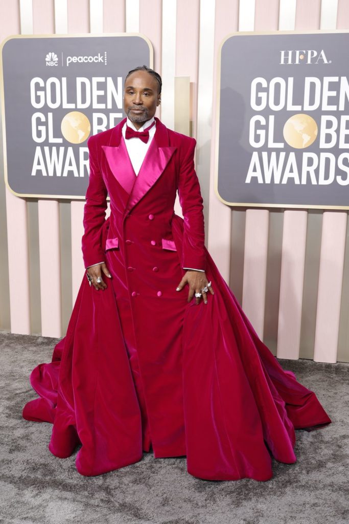 Billy Porter stands out on the red carpet at the Golden Globe Awards with a custom-made fuchsia tuxedo gown 