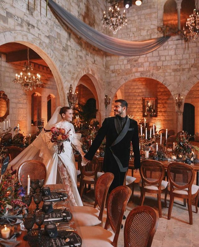 Bride and groom enjoying their reception in Lebanon before their guests arrive.