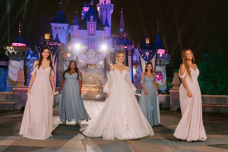 Disney bridal gown with bridesmaid ensembles for the Disney Fairy Tale Weddings Collection