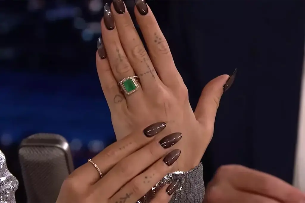 Close up on Rita Ora's engagement ring.