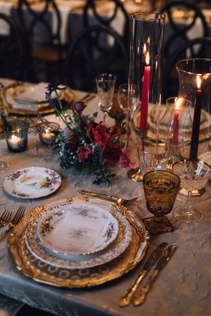 Beautiful table set up for vintage themed destination wedding.