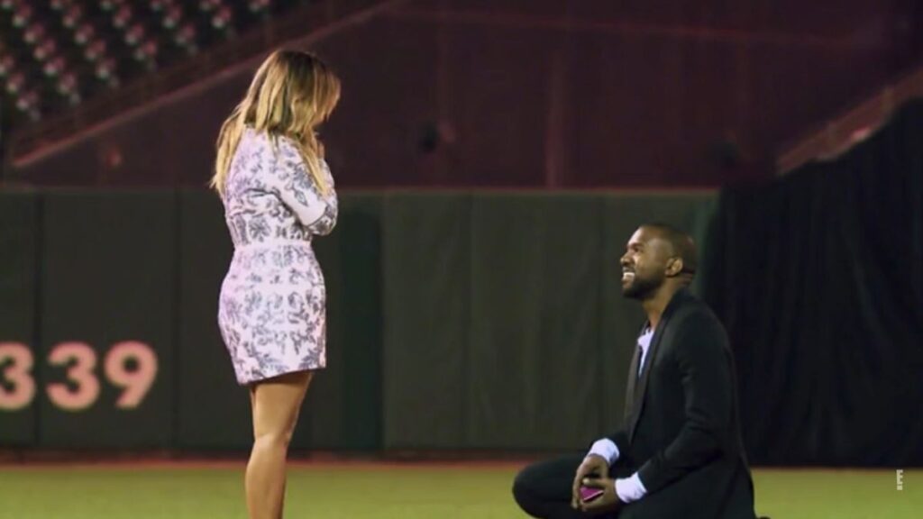 Kanye West on one knee as he proposes to Kim Kardashian, one of the most extravagant celebrity proposals. 