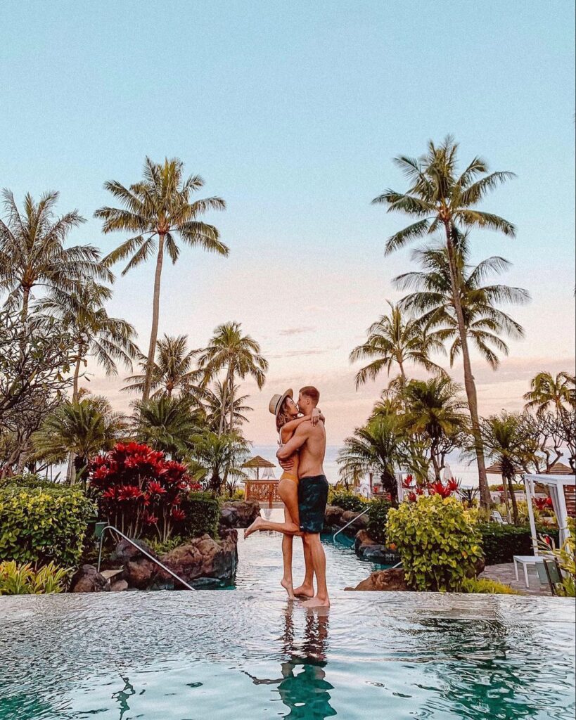 Beautiful couple having their honeymoon in the tropical paradise Montage Kapalua Bay.
