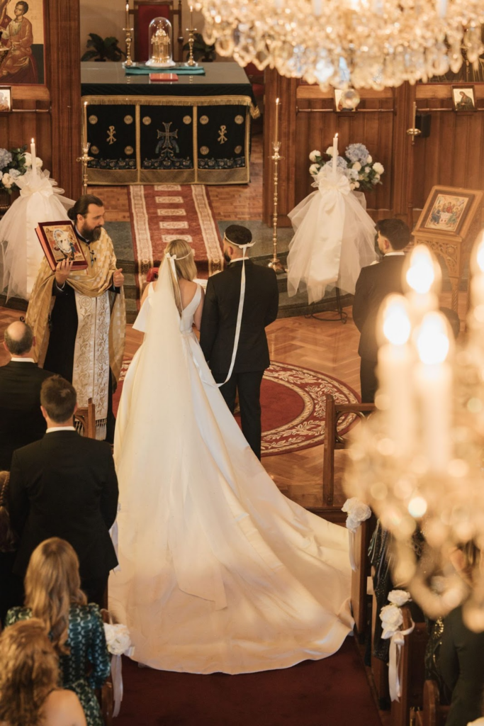 Orthodox Christian wedding ceremony at a church.