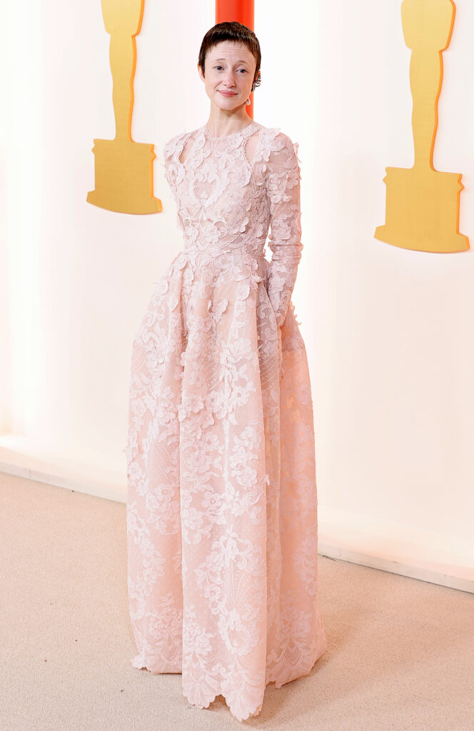 Andrea Riseborough stunned on the Oscars 2023 red carpet in a lace ensemble that embodied sheer elegance and sophistication.