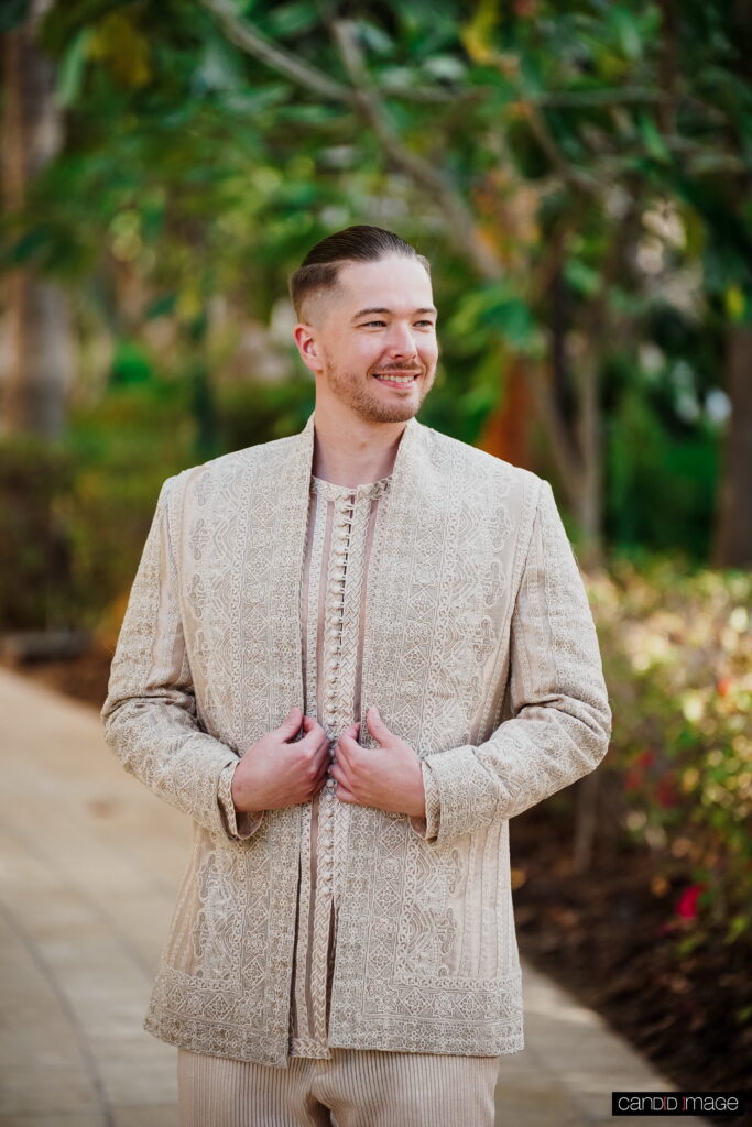 The groom and his ensemble for this traditional Pakistani wedding in Dubai.