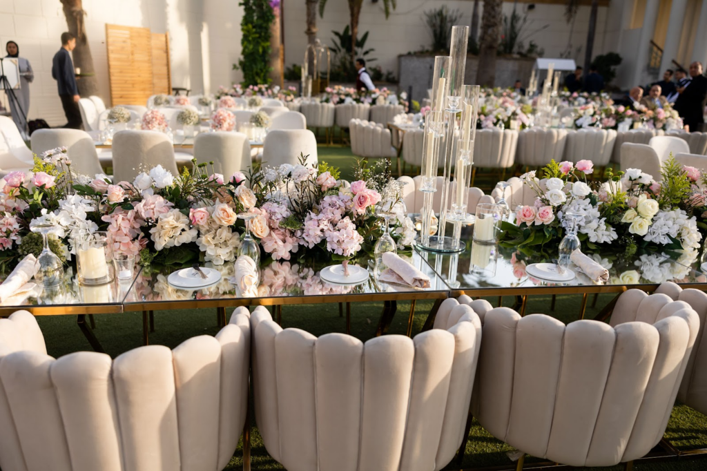 Creams and pastel florals were the highlight of their wedding party in Cairo.