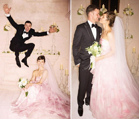 Justin Timberlake and Jessica Biel on their wedding day featuring a bright pink wedding dress