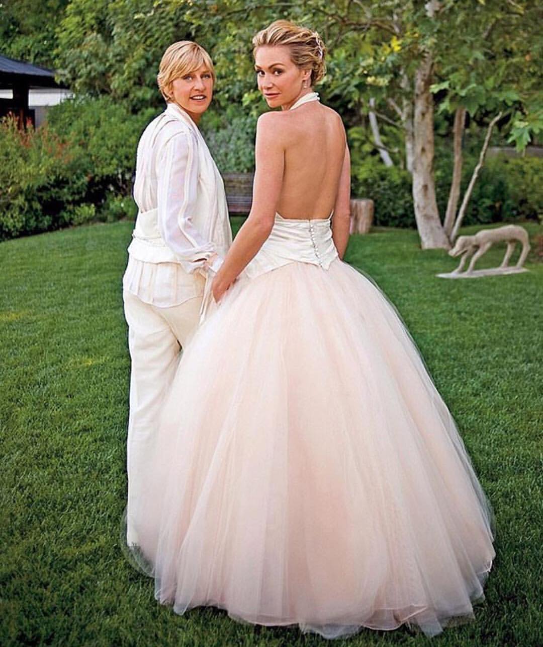 Portia de Rossi and Ellen Degeneres in Pink on their wedding day