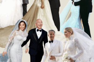 Celebrity weddings in Italy featuring diverse bridal gowns and tuxedos, showcasing high-profile couples celebrating their destination weddings.