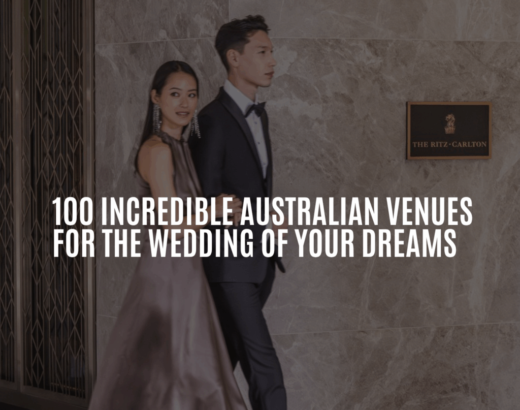Couple in formal attire walking past a sign for The Ritz-Carlton, showcasing elegant Australian wedding venues.